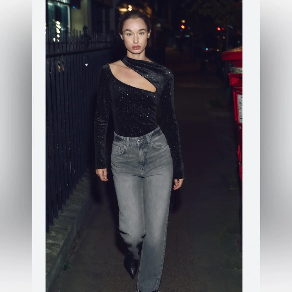 ZARA black glitter velvet asymmetrical bodysuit - Picture 8 of 9